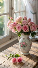Pink roses bouquet porcelain vase image