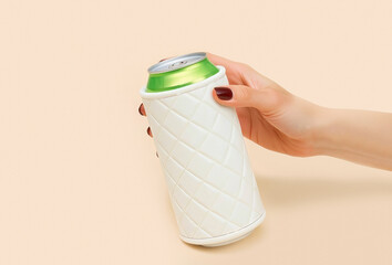 Hand holding white koozie with green can mockup, ai generated