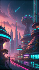 Futuristic city skyline with glowing neon lights image
