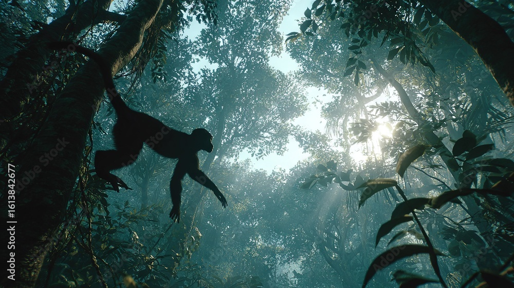 Poster a monkey dangling from a tree in a forest, bathed in sunlight filtering through the treetops