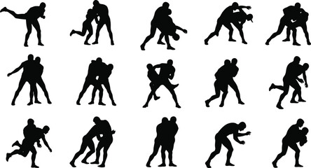 Silhouette of wrestlers in grappling stances, mixed martial arts fighters, takedown and submission positions, combat sport vector set, training and self-defense movement