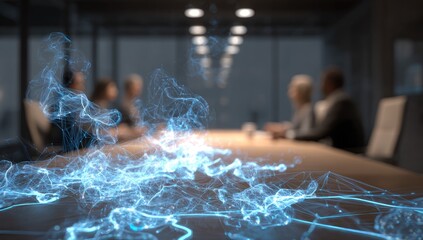 Blurred meeting room with abstract network graphic