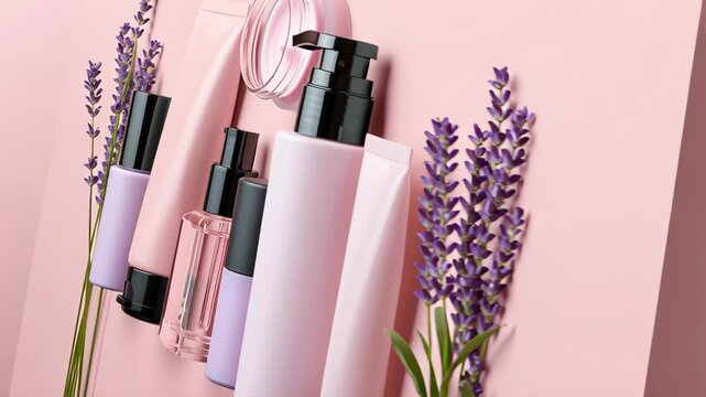 Beautiful collection of skincare and cosmetic bottles with lavender flowers pink background, featuring jars, tubes, and natural beauty products