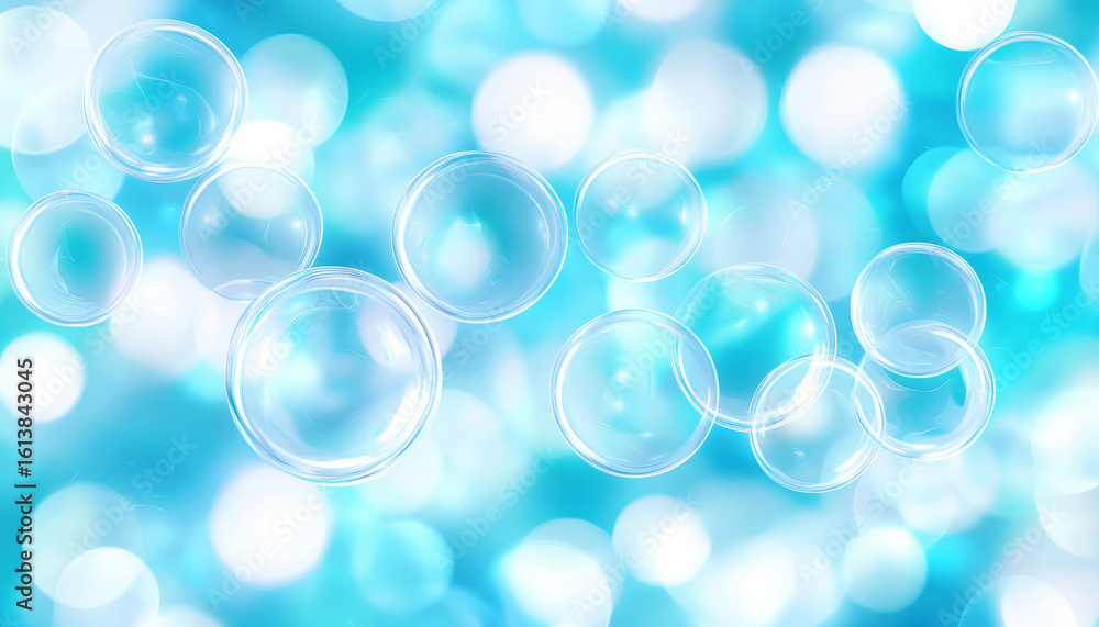Poster transparent soap bubbles floating on soft blue bokeh background create light and airy feeling of cle