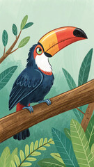 Toucan perched on branch with colorful beak bird tropical