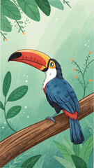 Toucan perched on branch with colorful beak and blue feathers