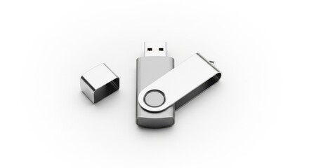 Silver usb flash drive with cap and swivel mechanism on white background