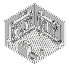 Isometric drawing of a well-organized and spacious locker room, complete with storage, benches, and equipment.