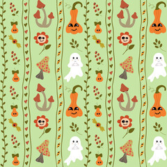 Seamless Halloween Pattern with smiling Kawaii Pumpkins, cute ghosts, mushrooms, weird flowers, spooky candies,vertical lines on light green background. For kids textiles, holiday decor, packaging.