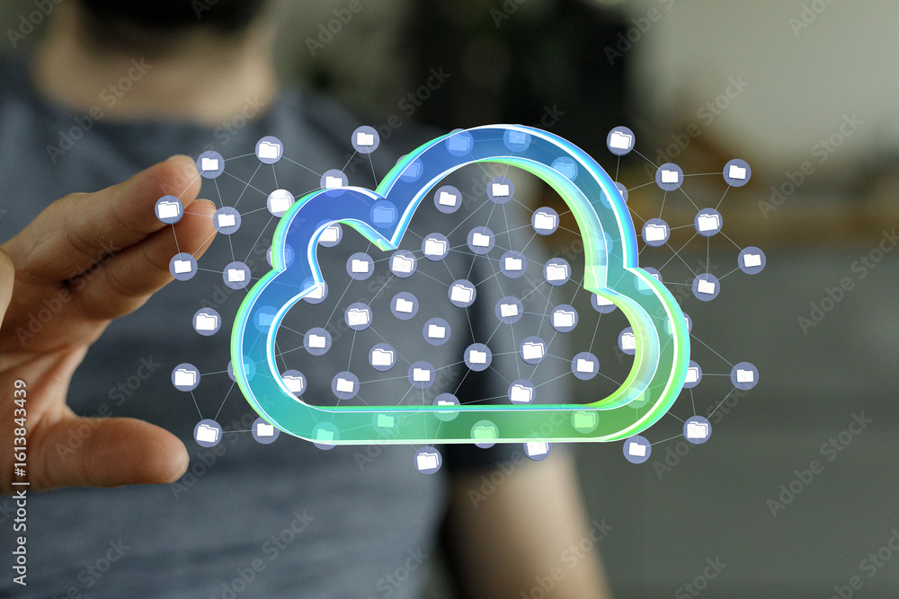 Poster image depicting secure cloud storage, data access, and network connectivity.