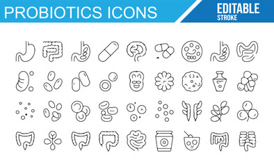 Clean Stroke Icons of Bacteria and Gut Health for Medical Use

