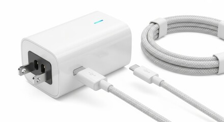 White usb power adapter and braided charging cable for mobile devices