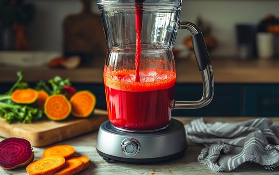 Freshly squeezed beet and carrot juice being poured into a glass pitcher with ice