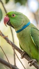 Vivid green parrot with bright pink beak and blue collar