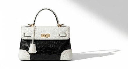 Elegant two tone crocodile embossed leather handbag with gold accents