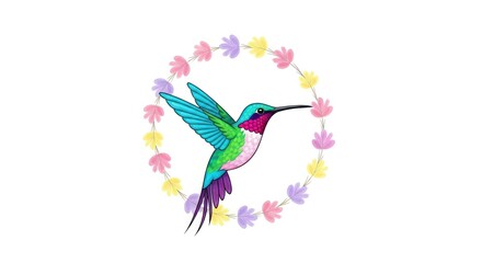 Obraz premium Vibrant Illustration of a Colorful Hummingbird Flying Through a Delicate Floral Wreath, Perfect for Springtime Designs and Nature-Themed Projects