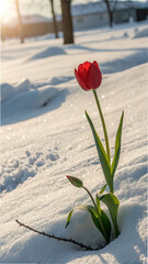 Red tulip emerges from winter snow flower