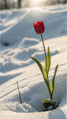 Single red tulip emerging from snow flower bloom