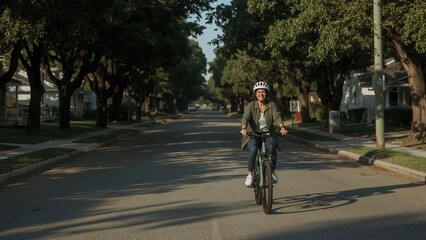 Naklejka premium Smiling woman riding her electric bicycle down a tree-lined suburban street on a sunny day