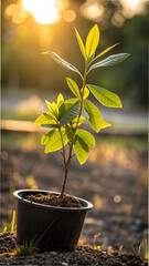 Young plant growing in black pot with golden light