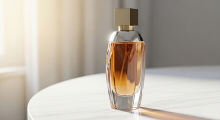 Elegant amber perfume bottle with sunlight glinting through the glass