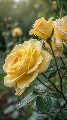 Yellow roses glistening with morning dew water drops
