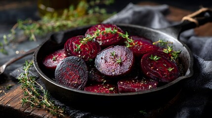 Artistic depiction of rustic roasted beetroot slices with fresh thyme displayed in a charming cast iron pan showcasing natural warmth and culinary allure