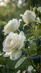 White roses glistening with morning dew water drops