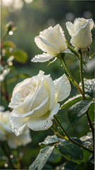 White roses glistening with morning dew water droplets