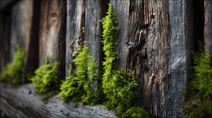 Obraz premium Detailed Close-up Shot of a Partially Finished Rustic Cabin Facade with Vertical Wooden Planks and Emerald Moss Accents