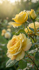 Yellow roses dewdrops sunlight water droplets