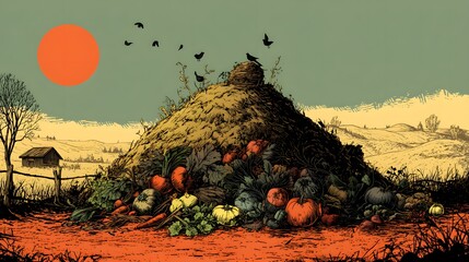 Vivid Vector Illustration of a Barren Communal Compost Pile Highlighting Dwindling Organic Resources and Environmental Sustainability Concepts