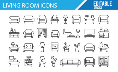 Editable Living Room Furniture Icons for Minimalist Interior Designs