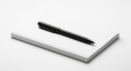 Minimalist black pen rests on a clean white notebook surface