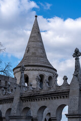 Fisherman`s Bastion is historical monument in Buda Castle District, Budapest, Hungary. Vertical image