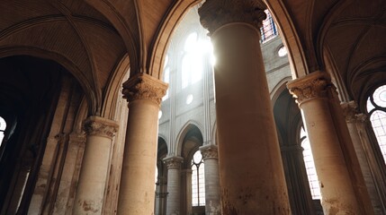 Lowangle view of gothic cathedral interior with sunlight filtering through towering stone arches and stained glass windows, dust particles floating in warm golden beams creating a majestic and sacred