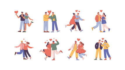 Diverse Romantic Couples Embracing and Sharing Love, Celebrating Valentine's Day and Relationships in Various Poses and Attire for Vector Illustrations.