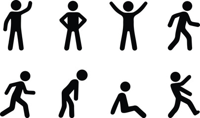 Set of stickman silhouettes showing different body postures and movements, ideal for human action icons and illustrations