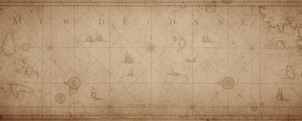 Old map collage background. A concept on the topic of sea voyages, discoveries, pirates, sailors, geography, travel and history. 