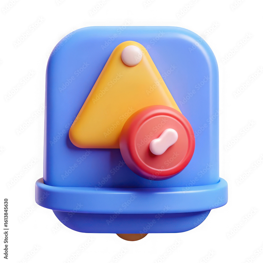Poster 3d rendered blue notification bell icon with yellow warning triangle and red alert symbol isolated o