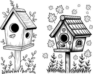 Black and white line art illustration of two birdhouses with decorative foliage, maple leaves, and clean sketch-style details on a pure white background