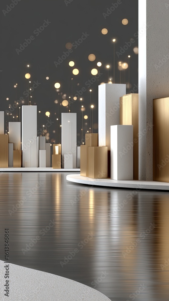 Poster floating data blocks form a futuristic cityscape, enhanced by glowing lights and reflections, emphas