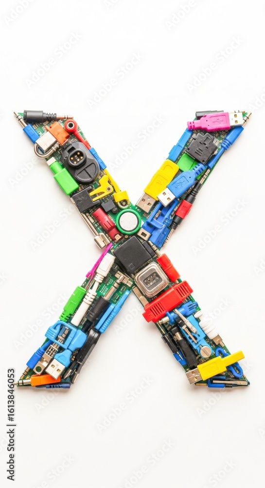 Poster letter x constructed from computer cables and circuit boards on white background
