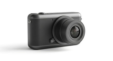 Compact black digital camera with prominent lens on a white background