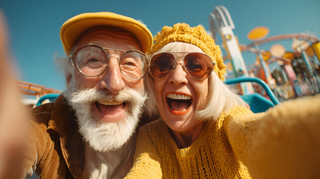 Happy senior couple taking a selfie on a rollercoaster at an amusement park