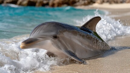 A smiling dolphin emerges from the water in front of a vessel, creating a delightful display of wildlife in its natural habitat