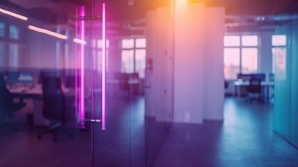 Futuristic glass office interior with holographic dashboards, neon reflections, and cyberpunk color palette featuring purple and teal tones, illuminated workspace with female professional