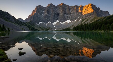 Crystal-clear lake reflecting a mountain range in early morning light 