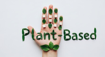 Plant Based Diet Concept with Hand Leaves and Tofu