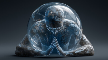 Digital Human Praying Inside Globe Conceptual Artificial Intelligence Image